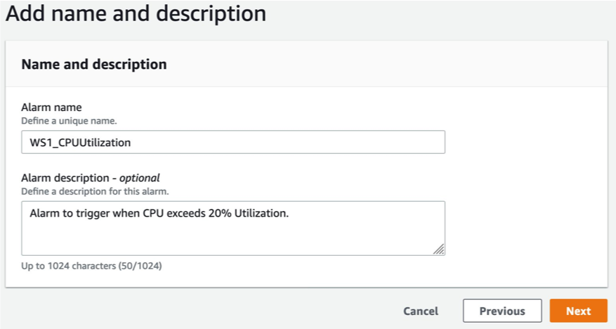 Specify an alarm name and optional description. 