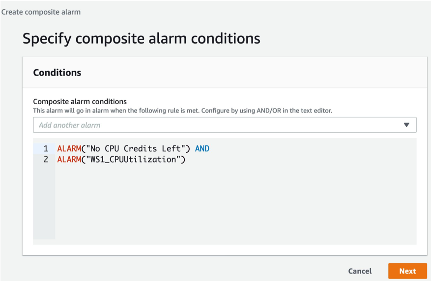 Composite alarm editor used to create the logic for the alarm