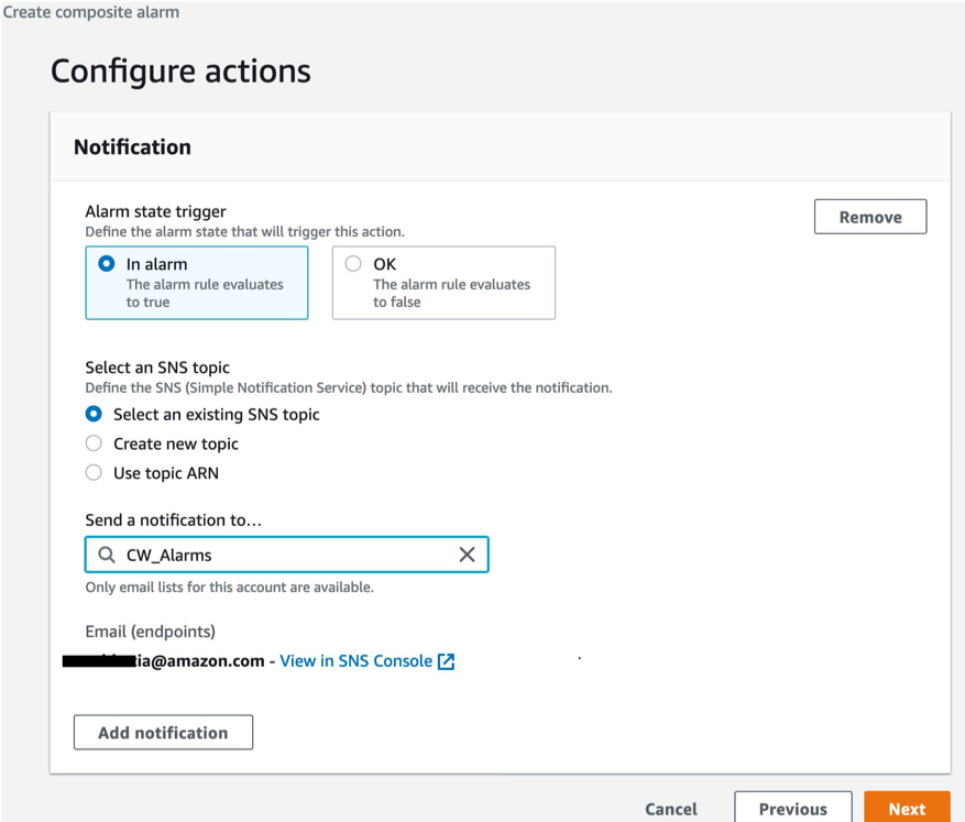 Configure Actions for the composite alarm being created. Actions include notifications sent via SNS.