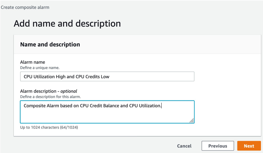 Name and optional description as the final step to creating the composite alarm.