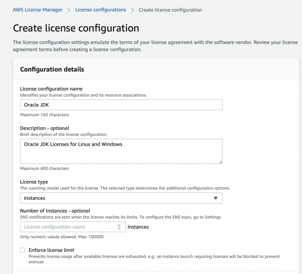 Screenshot of creating a license configuration for the Oracle JDK. This depicts a license type applying to Instances.