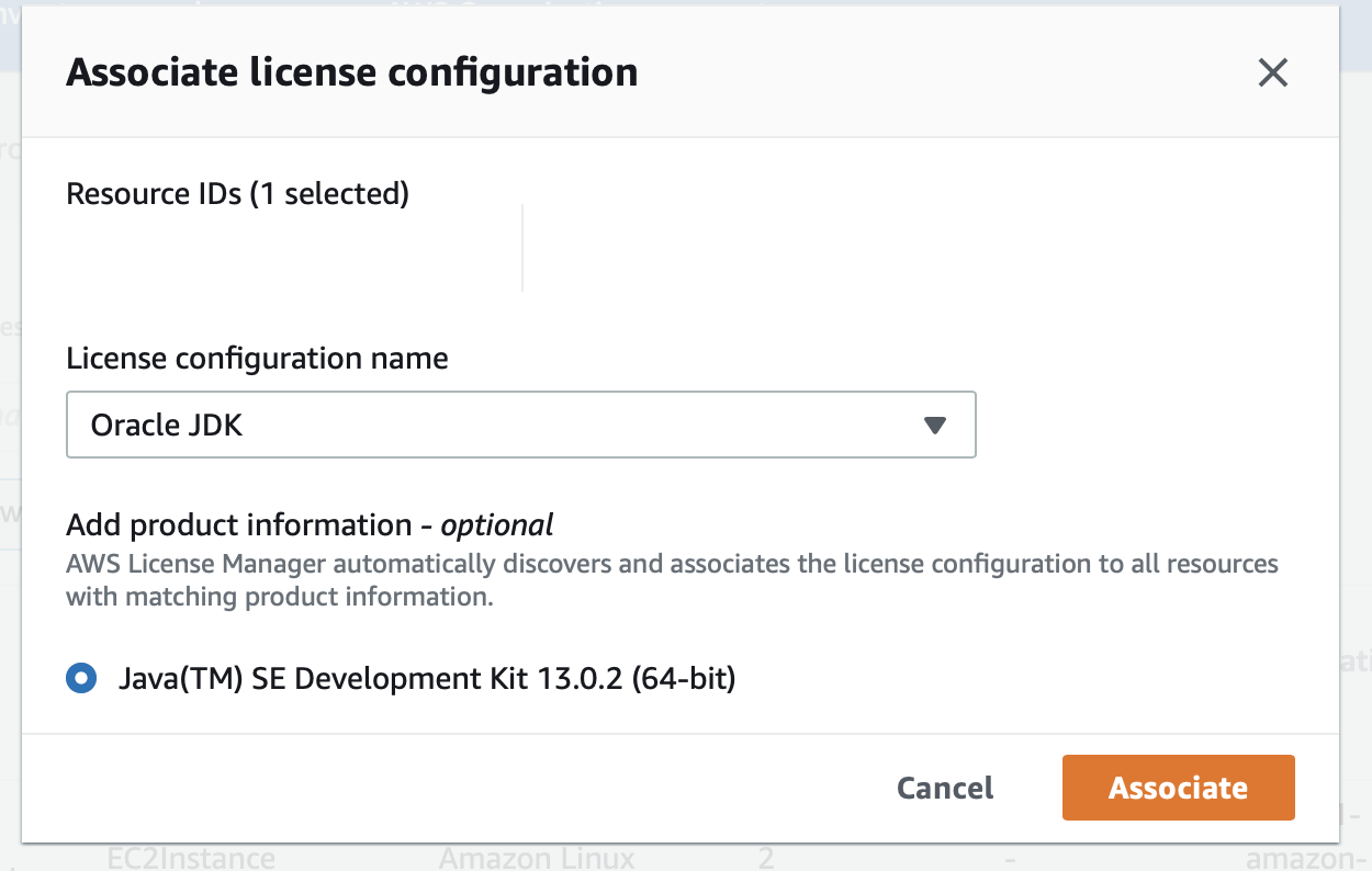 This screenshot shows associating the inventory string of "Java(TM) SE Development Kit 13.0.2 (64-bit)" with our license configuration.