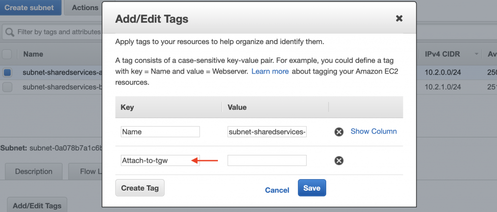 Tags for Shared Service subnet