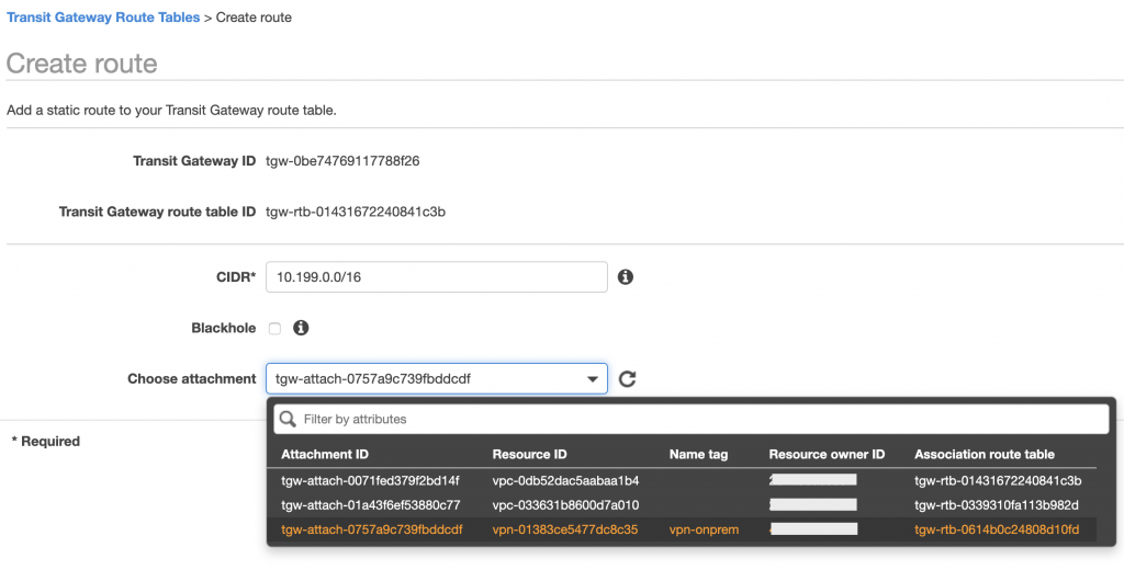 Static route to on-premises
