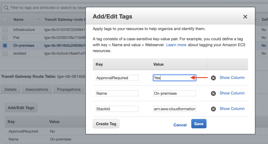 ApprovalRequired tag for On-premises route table