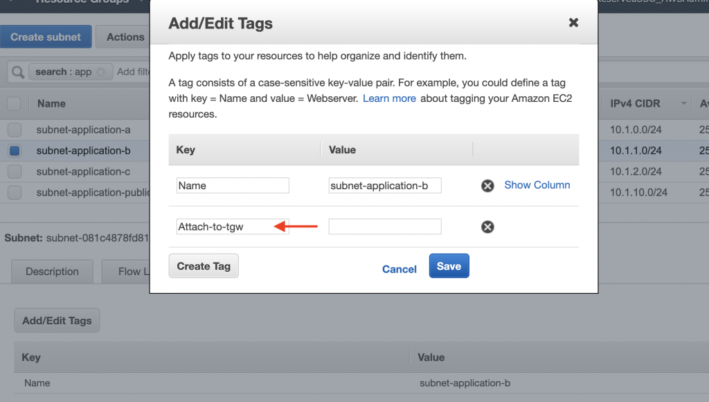 Tags for Applications subnet