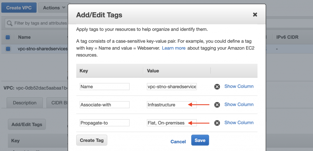 Tags for Shared Service VPC