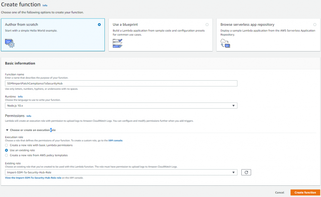 Create Lambda Function page