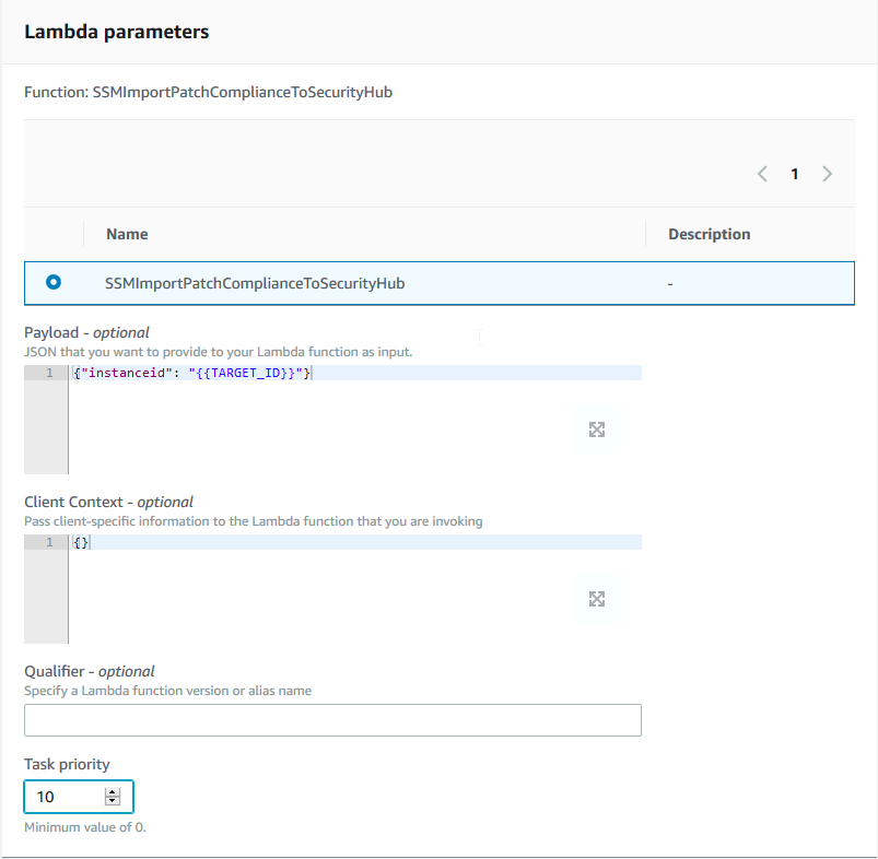 Register Lambda Task Settings (Priority and Payload)
