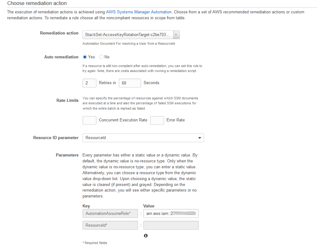 Choose remediation action page filled out to invoke the deployed Remediation