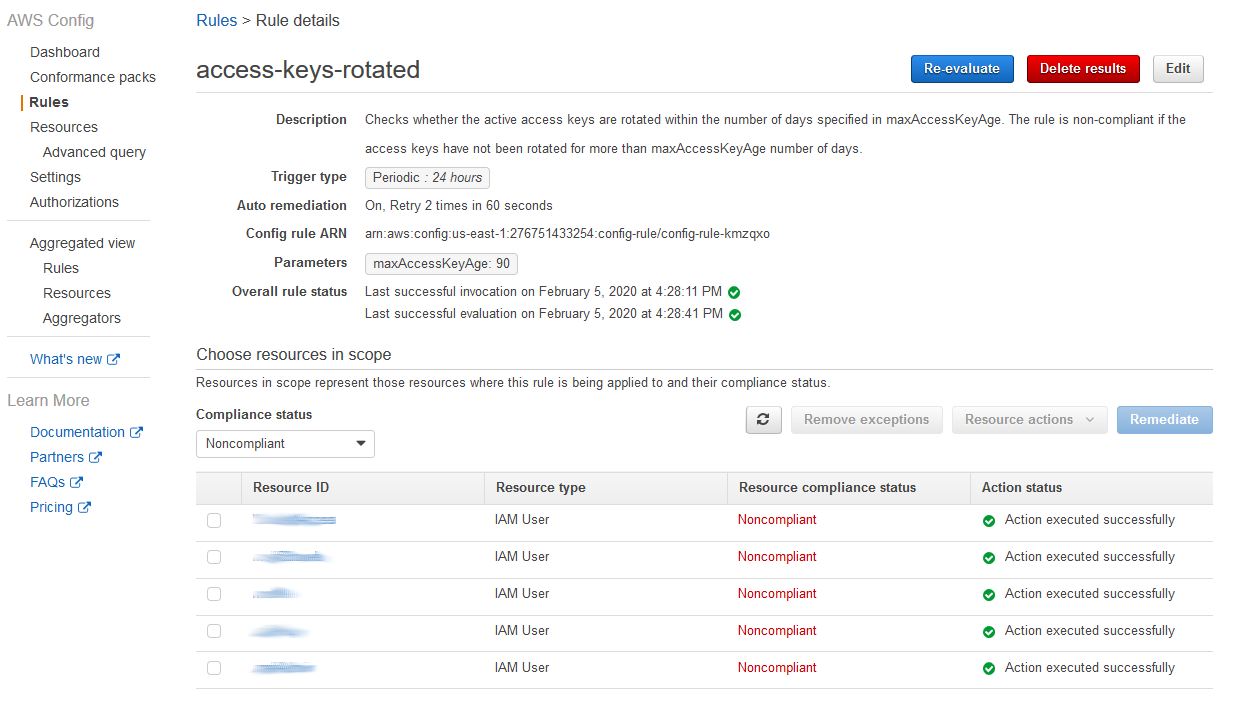 Access-keys-rotated rule within AWS Config displaying non-compliant resources