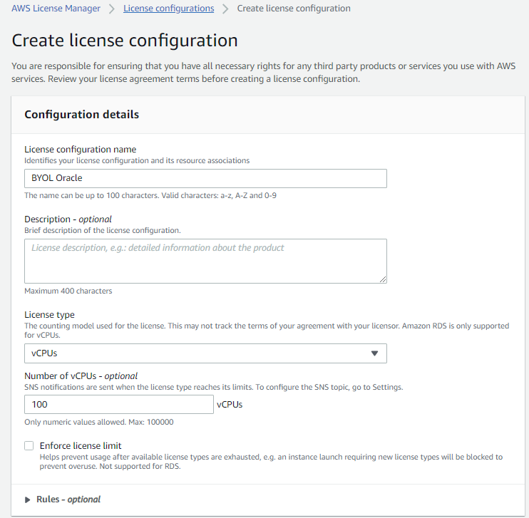 Specify license configuration details