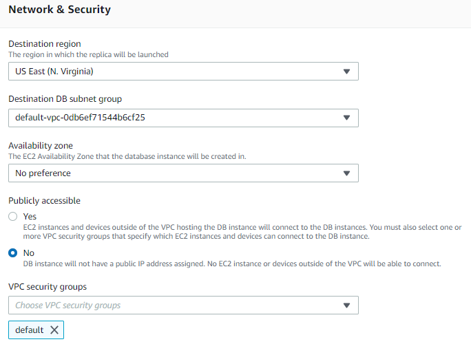 Read replica network settings