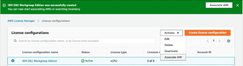 Image showing license configuration association with Associate AMI drop down option.