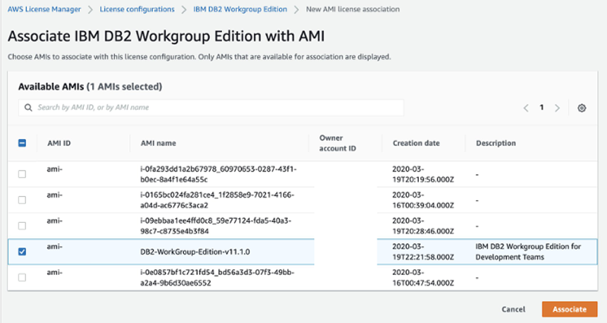 Image showing available AMIs with the Db2 Workgroup Edition AMI selected.