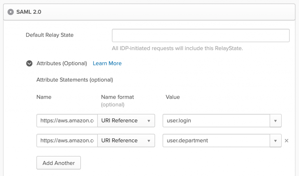 Figure 2: The required SAML attributes as displayed in the Okta console