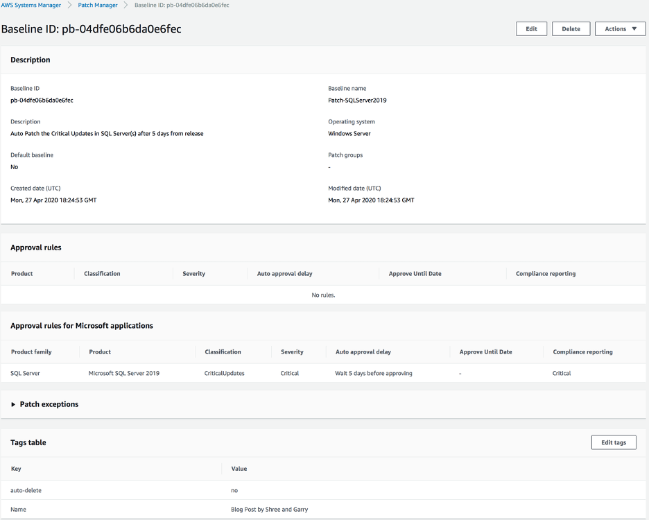 Picture showing the AWS console screenshot of patch baseline