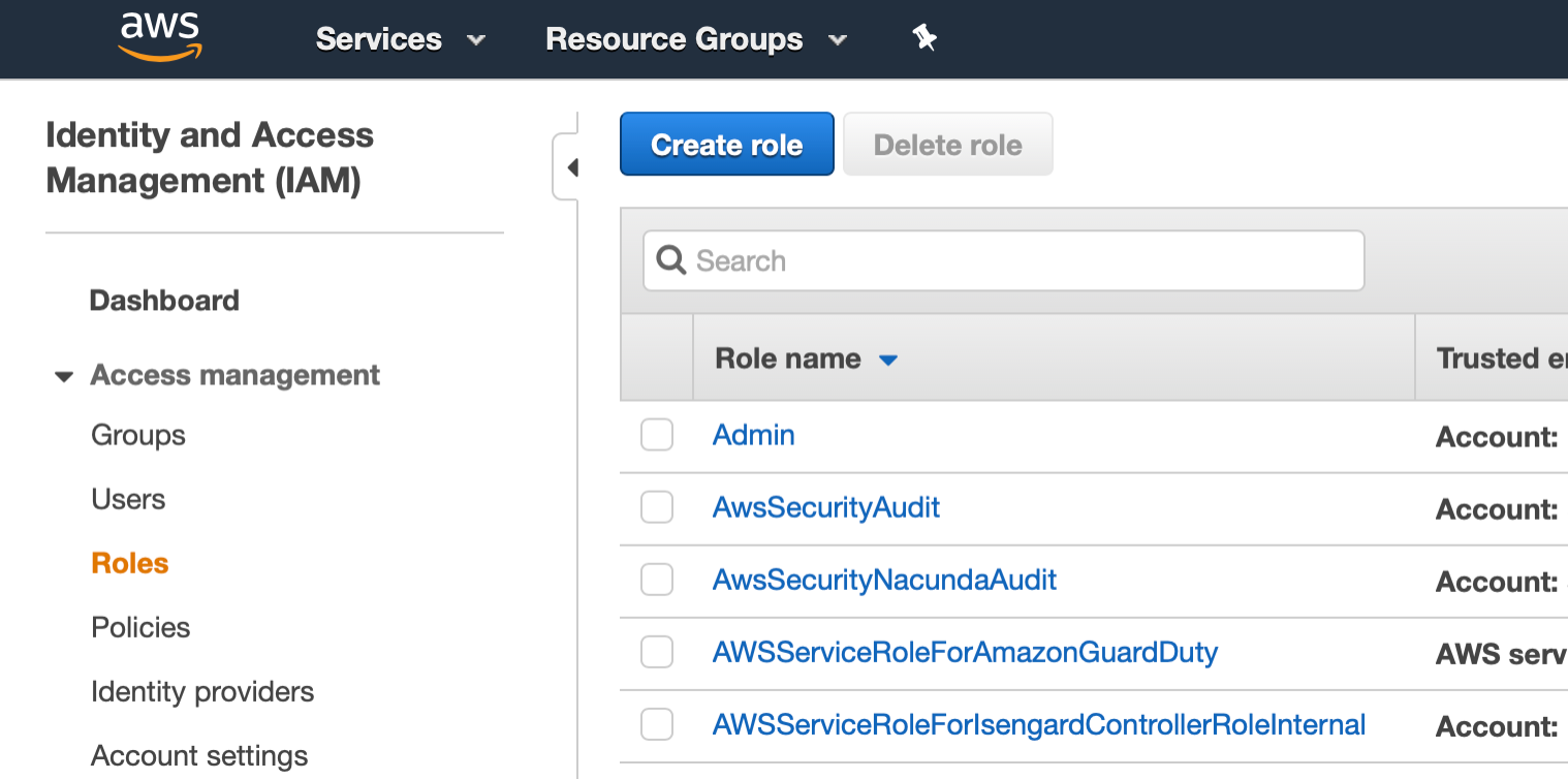 AWS Management Console shows IAM service with Roles selected.