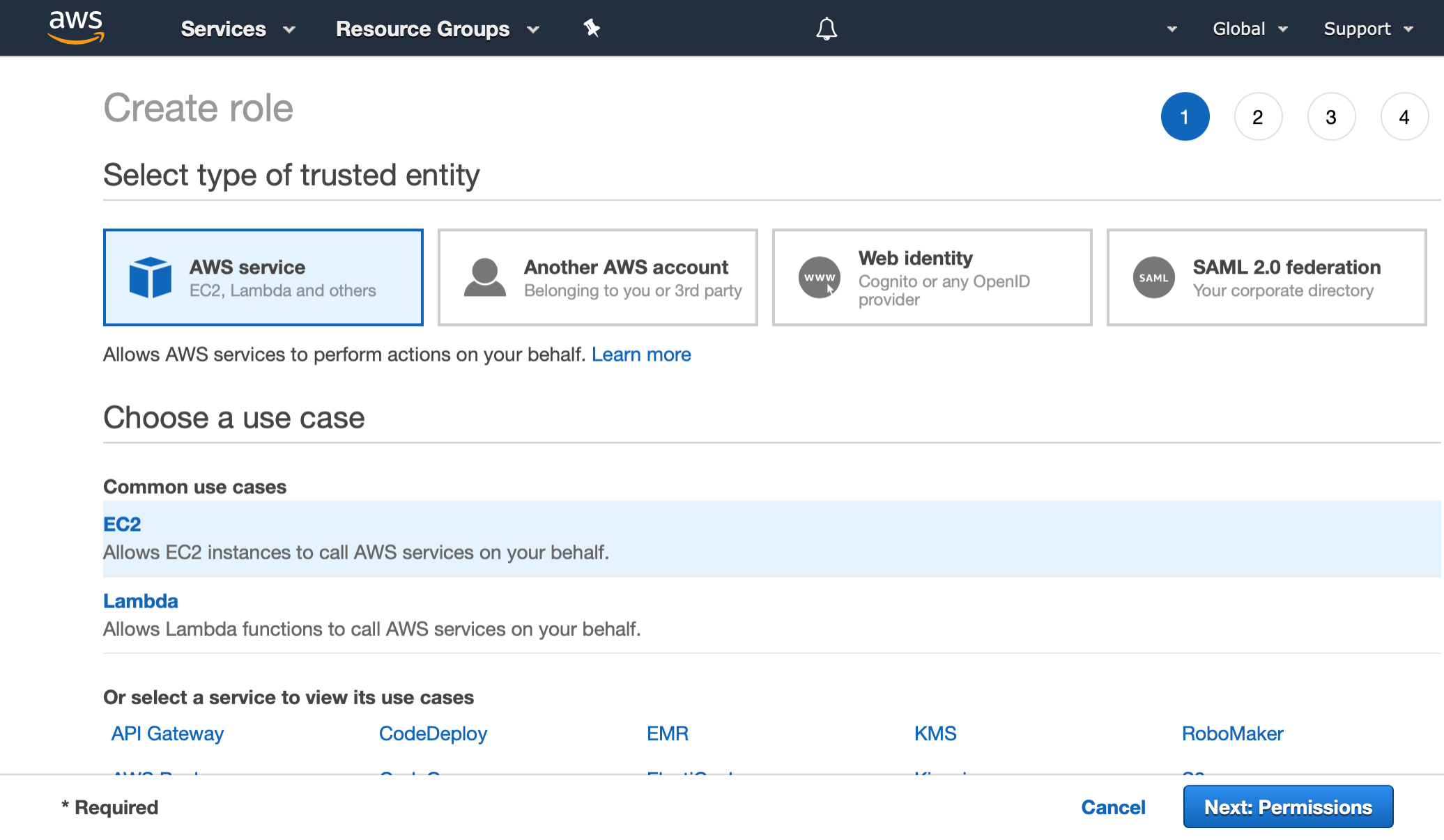 AWS Management Console shows the first step of the Create role wizard. Trust type is set to AWS service. EC2 is selected from the list of common use cases.