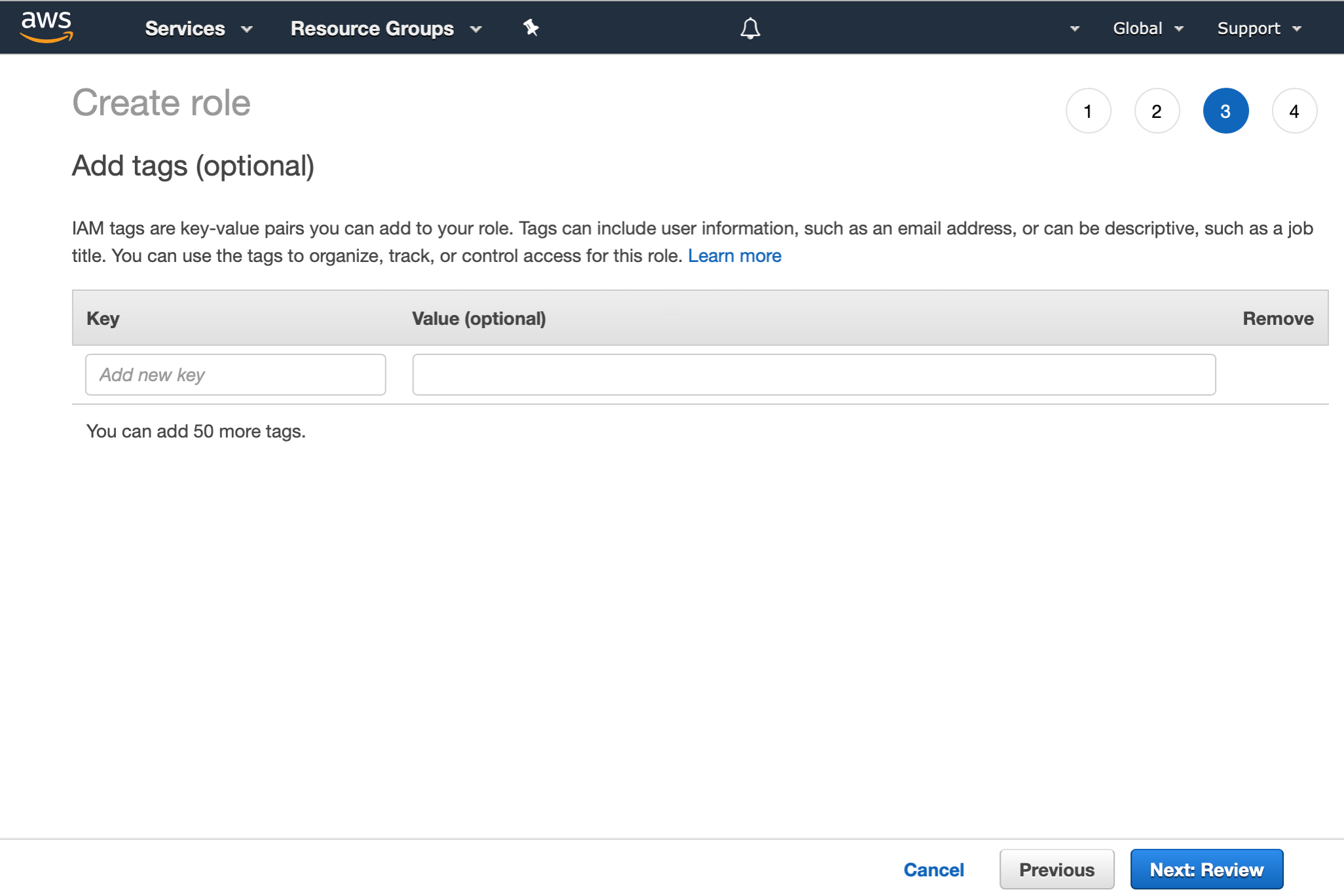 AWS Management Console shows the Add tags step of the IAM Create role wizard. Fields are blank.