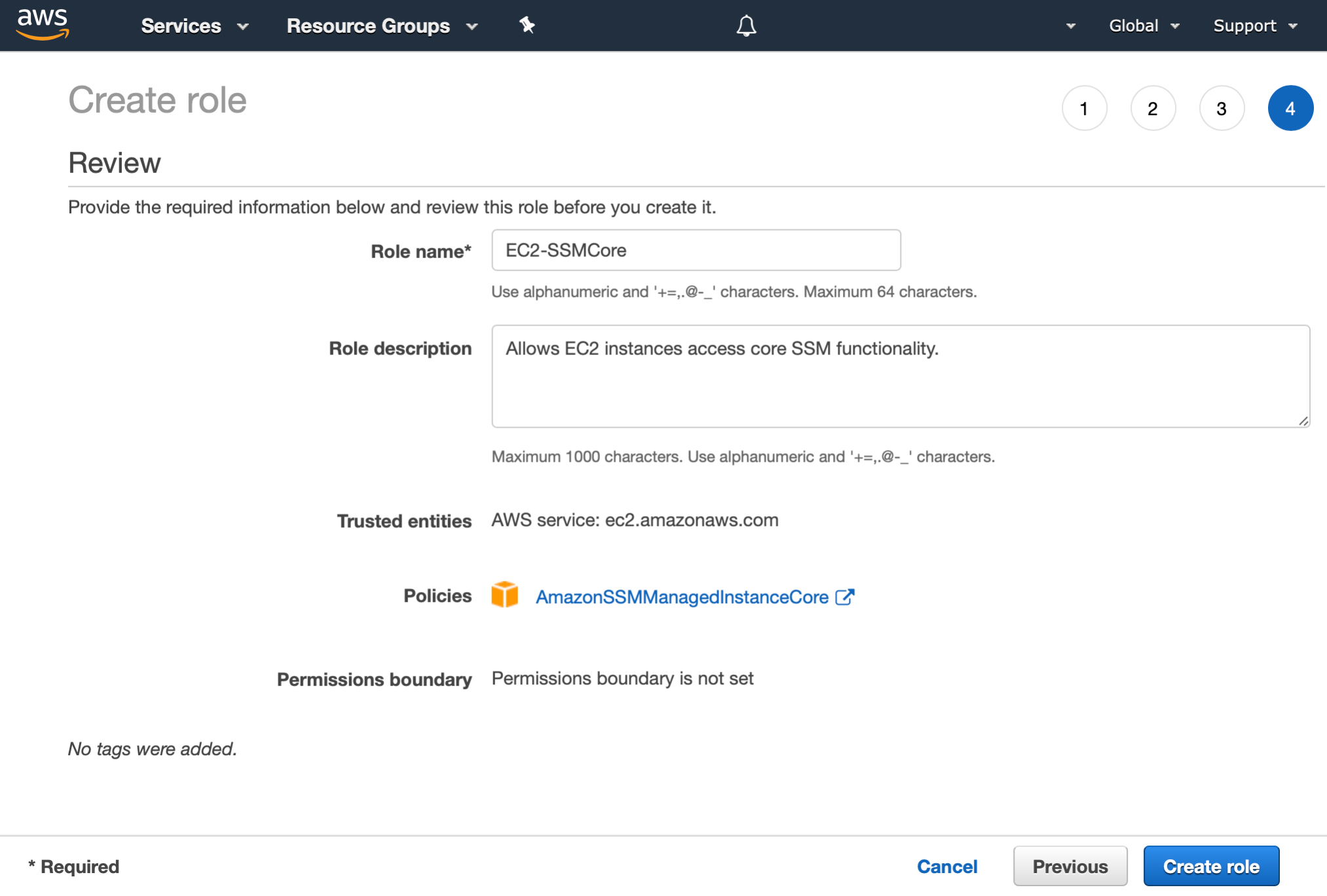 AWS Management Console shows the review stage of the IAM Create role wizard.