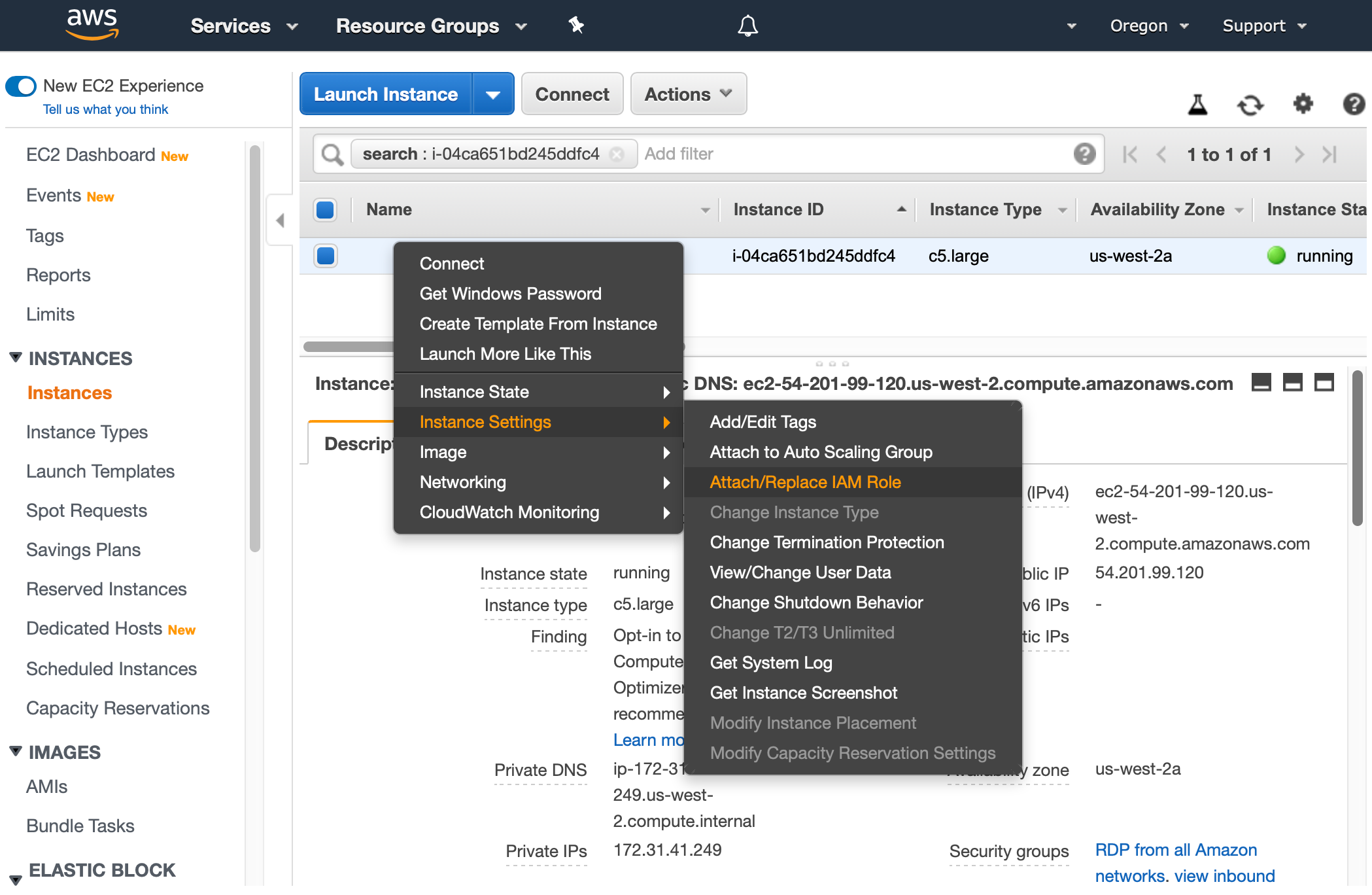 AWS Management Console shows the EC2 service and Instances view. Context menu for one EC2 instance is opened and Attach/Replace IAM Role is selected