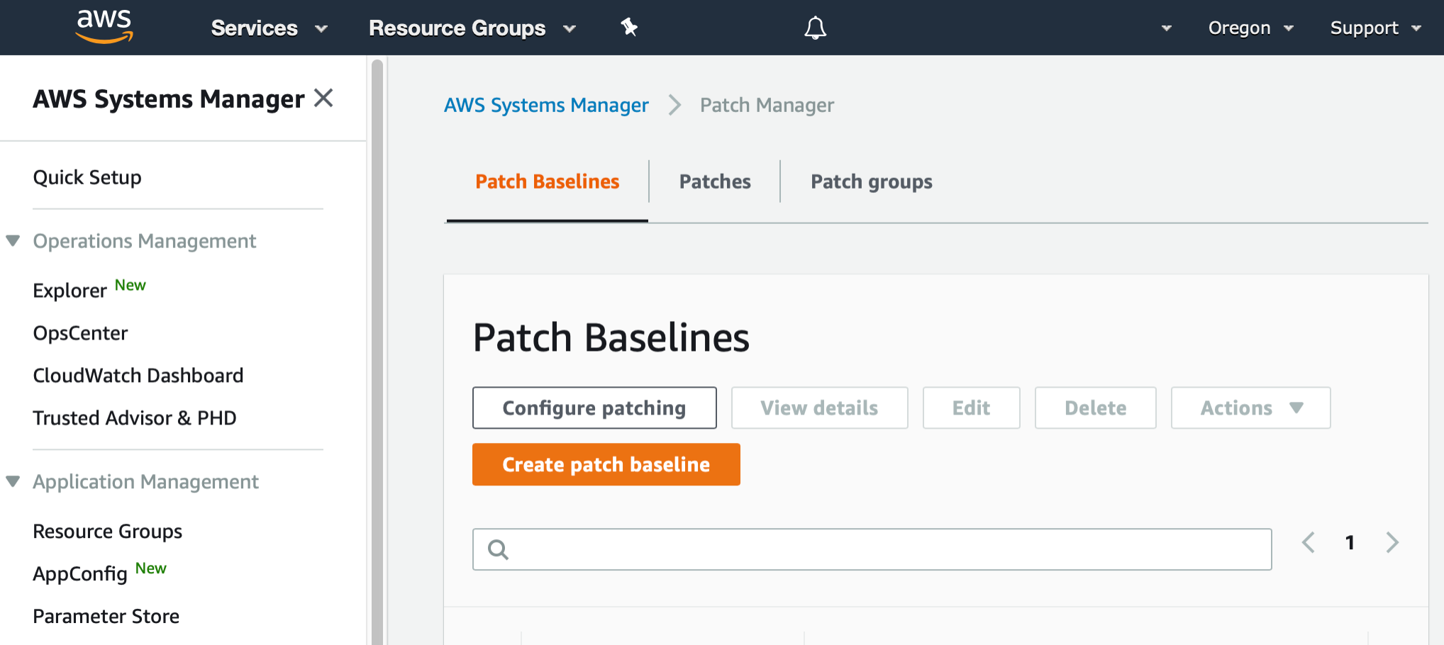 AWS Management Console shows the top of the Patch Baselines page. There is a button labeled Create patch baseline.