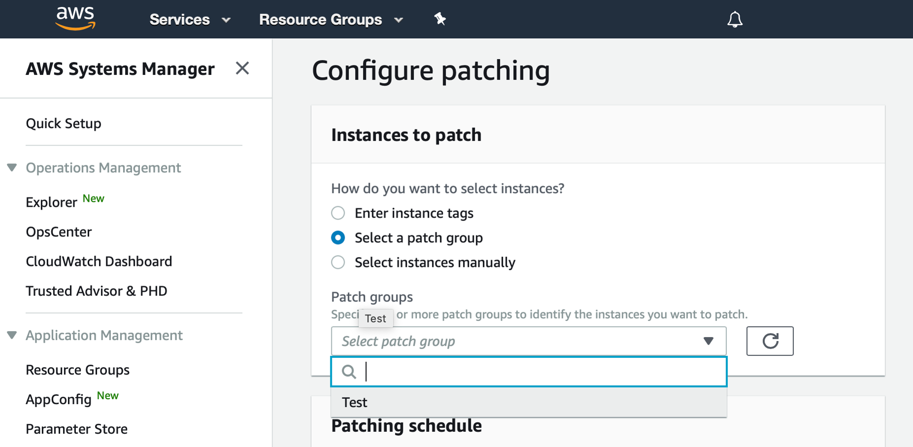 AWS Management Console shows Configure patching dialog. The "Select a patch group" radio button is selected. From the Patch groups dropdown list, "Test" is selected.