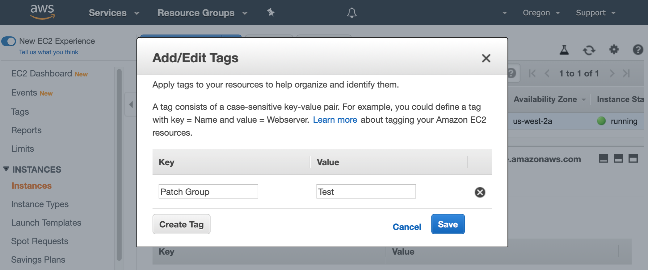 AWS Management Console shows Add/Edit Tags dialog. The Key field is populated with "Patch Group" and the Value field is populated with "Test".