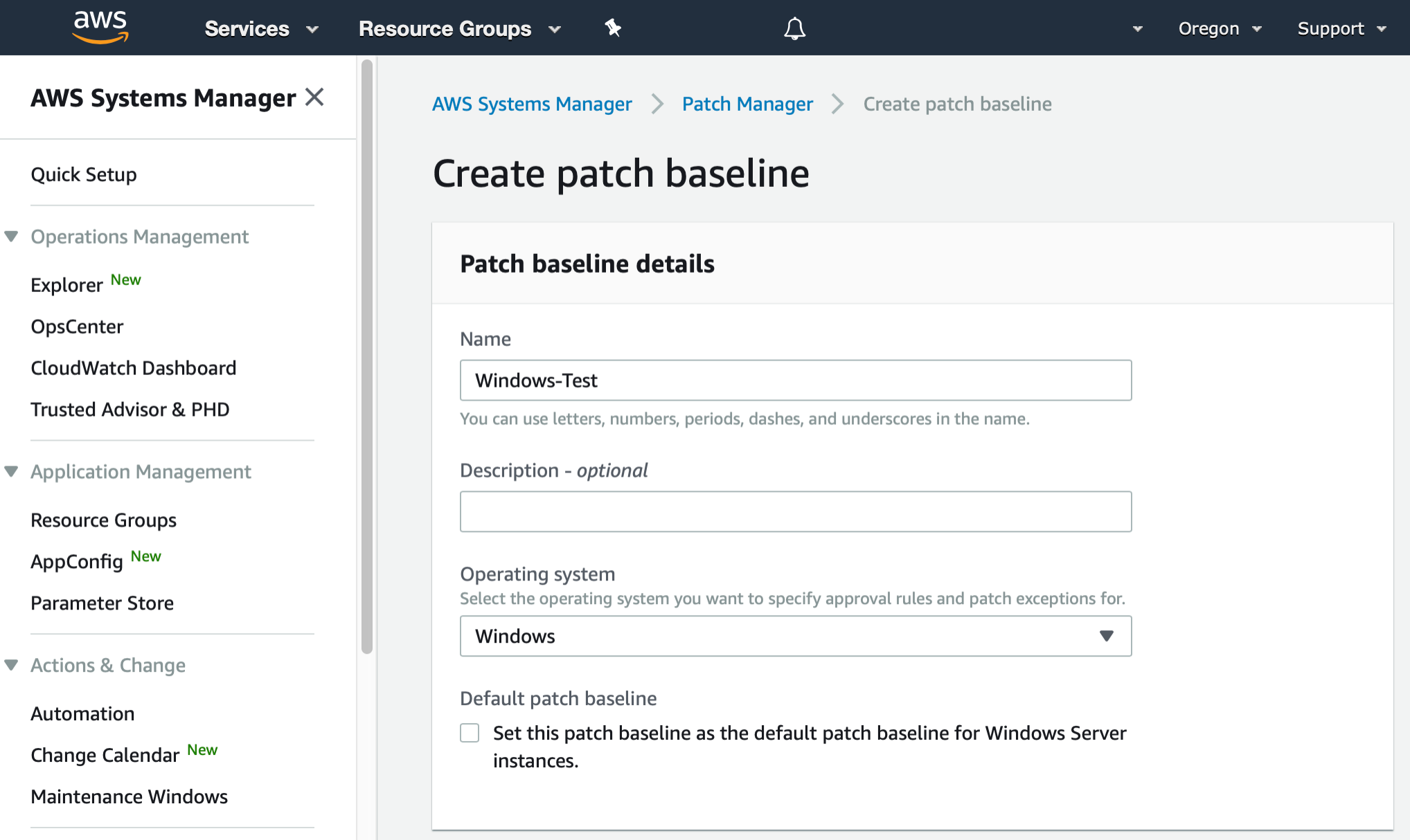 AWS Management Console shows Create patch baseline dialog. The Name and Operating System fields have been populated