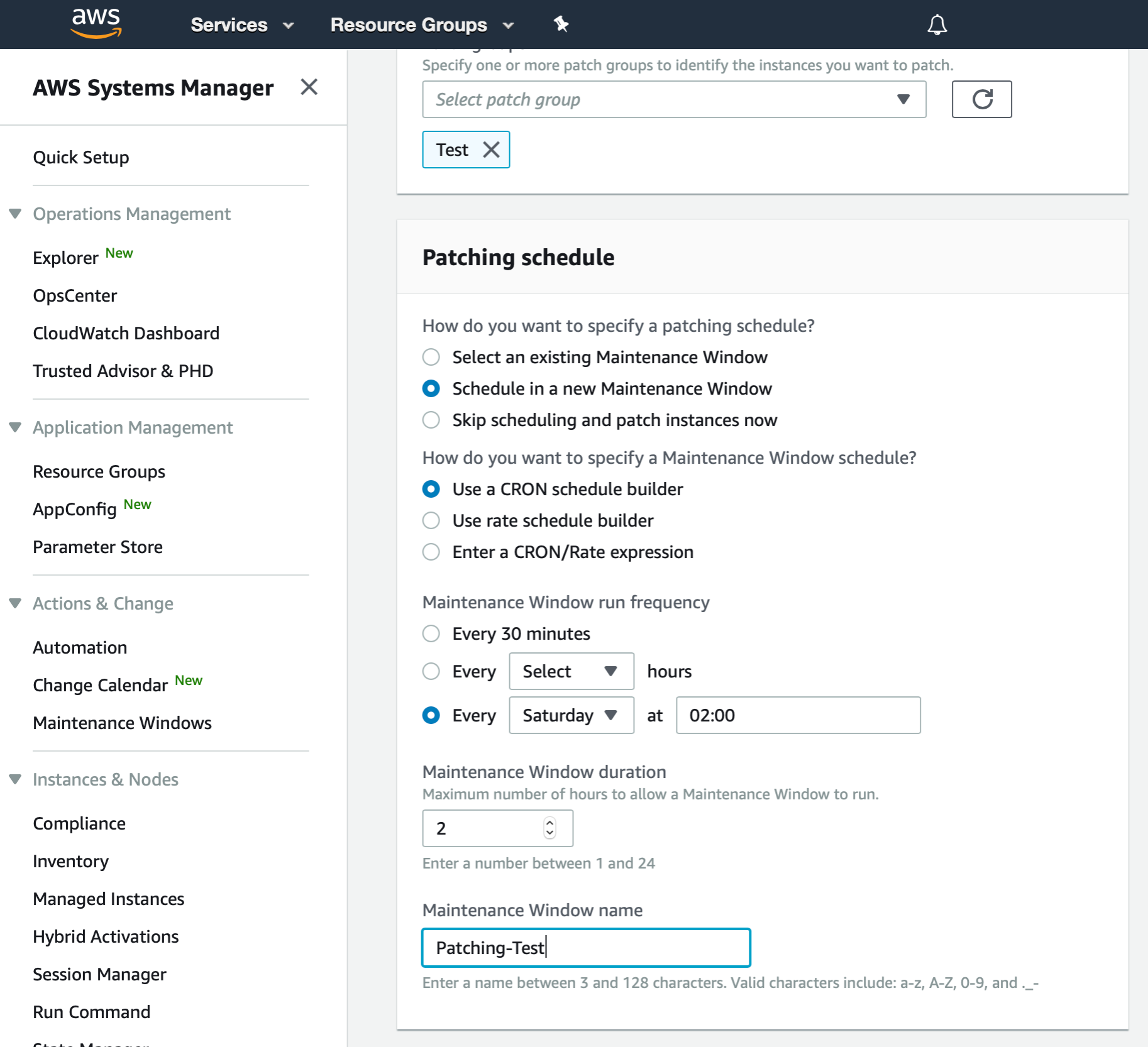 AWS Management Console shows the Patching schedule section of the Configure patching dialog. "Schedule in a new Maintenance Window" radio button is selected.