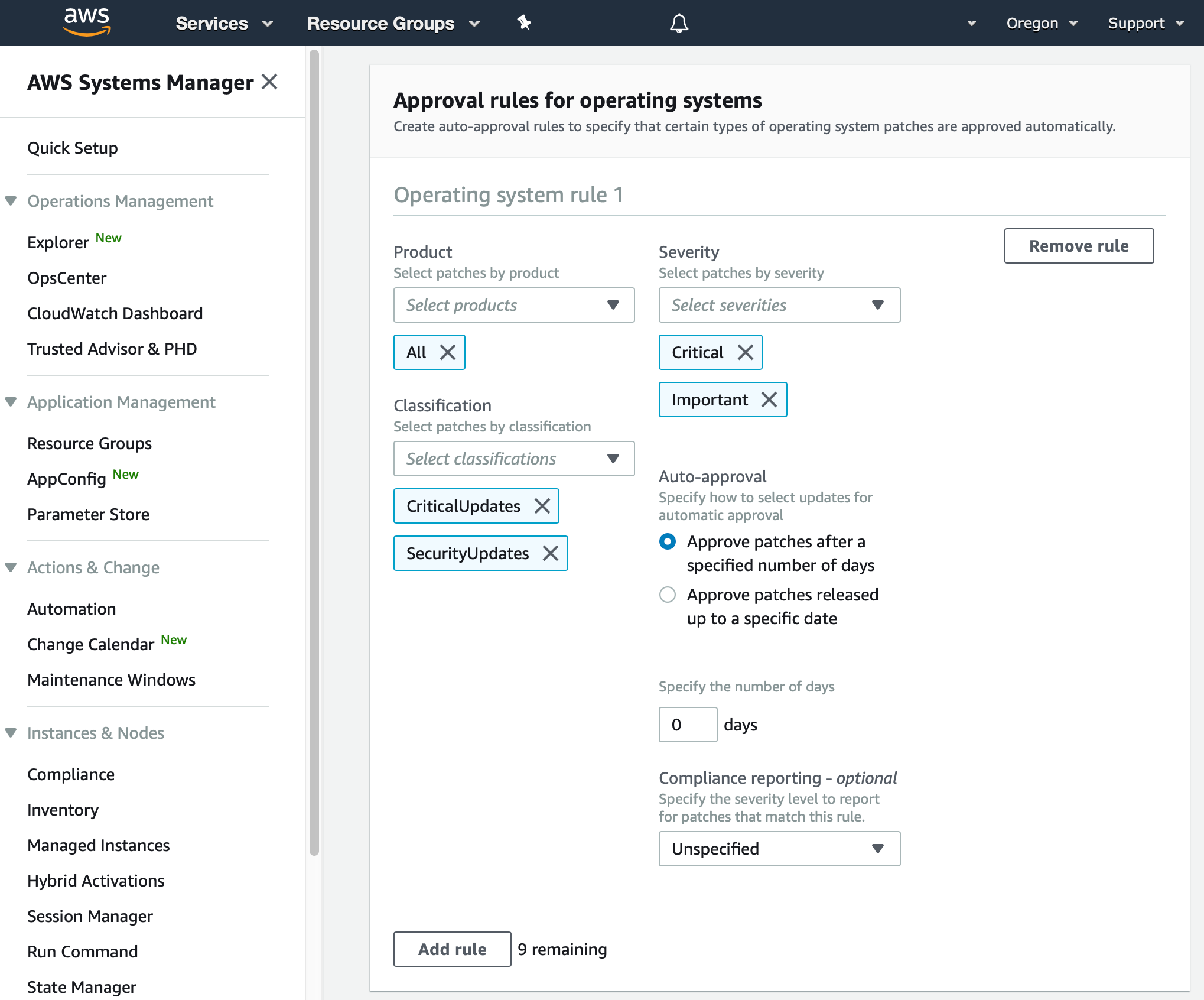 AWS Management Console shows the Approval rules for operating systems, which is in the Create patch baseline dialog
