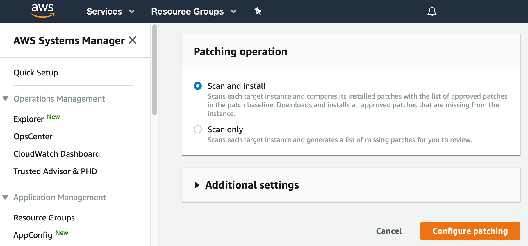 AWS Management Console shows the Patching Operation section of the Configure patching dialog. "Scan and install" radio button is selected.