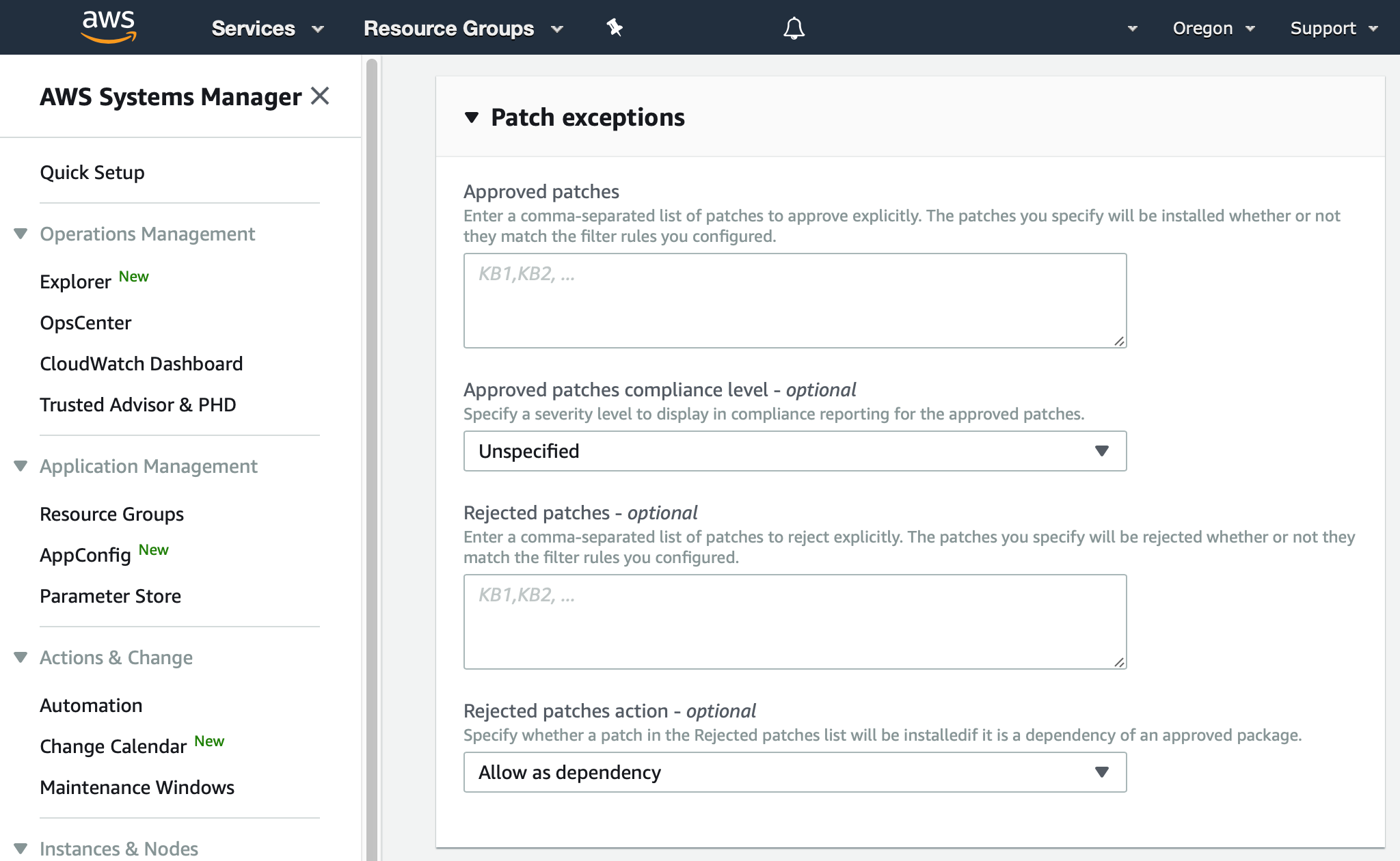 AWS Management Console shows the Patch exceptions section of the Create patch baseline dialog.