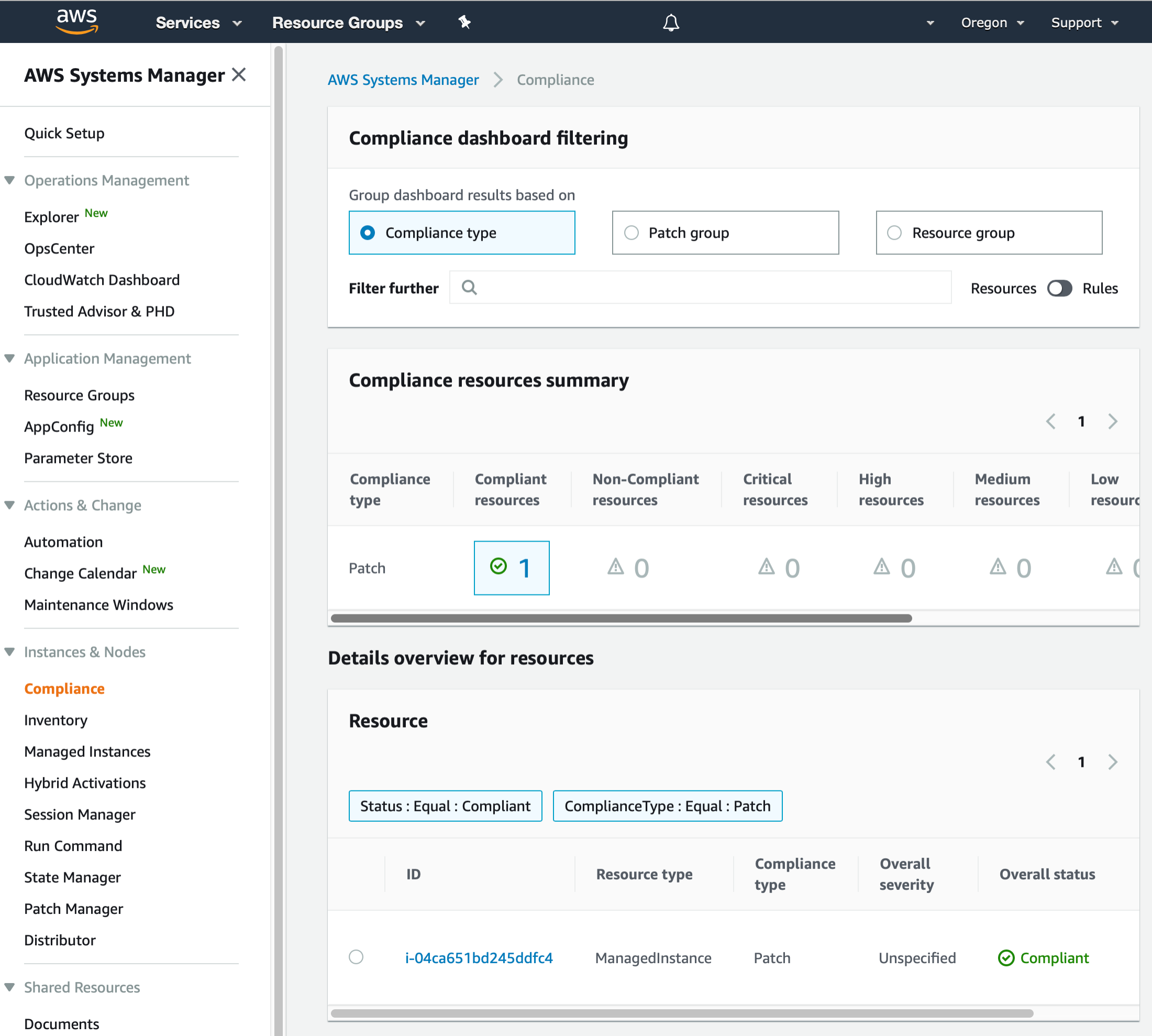 AWS Management Console shows the Compliance section of the AWS Systems Manager service. One compliant resource is displayed.
