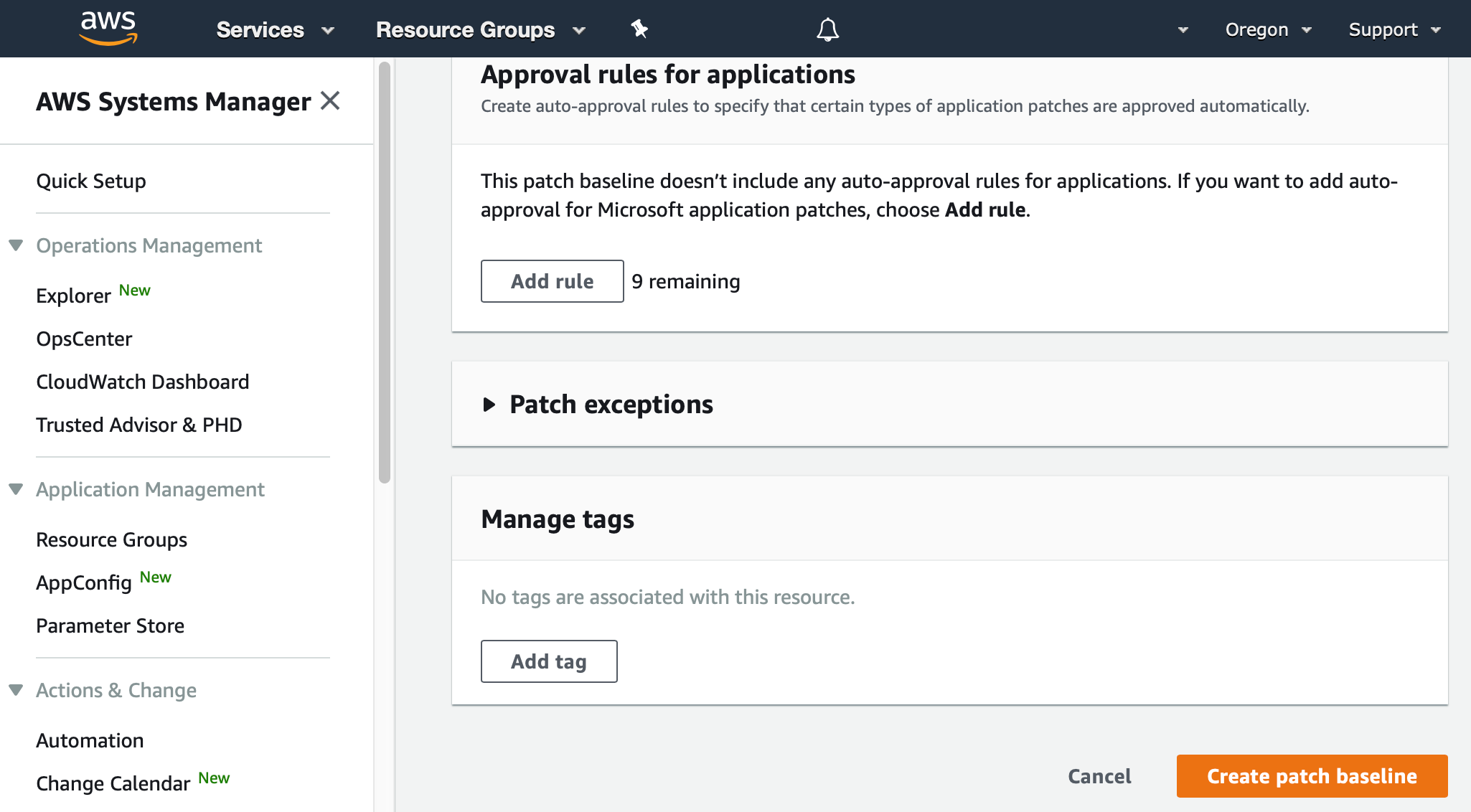 AWS Management Console shows the bottom of the Create patch baseline dialog, with a button labeled "Create patch baseline"
