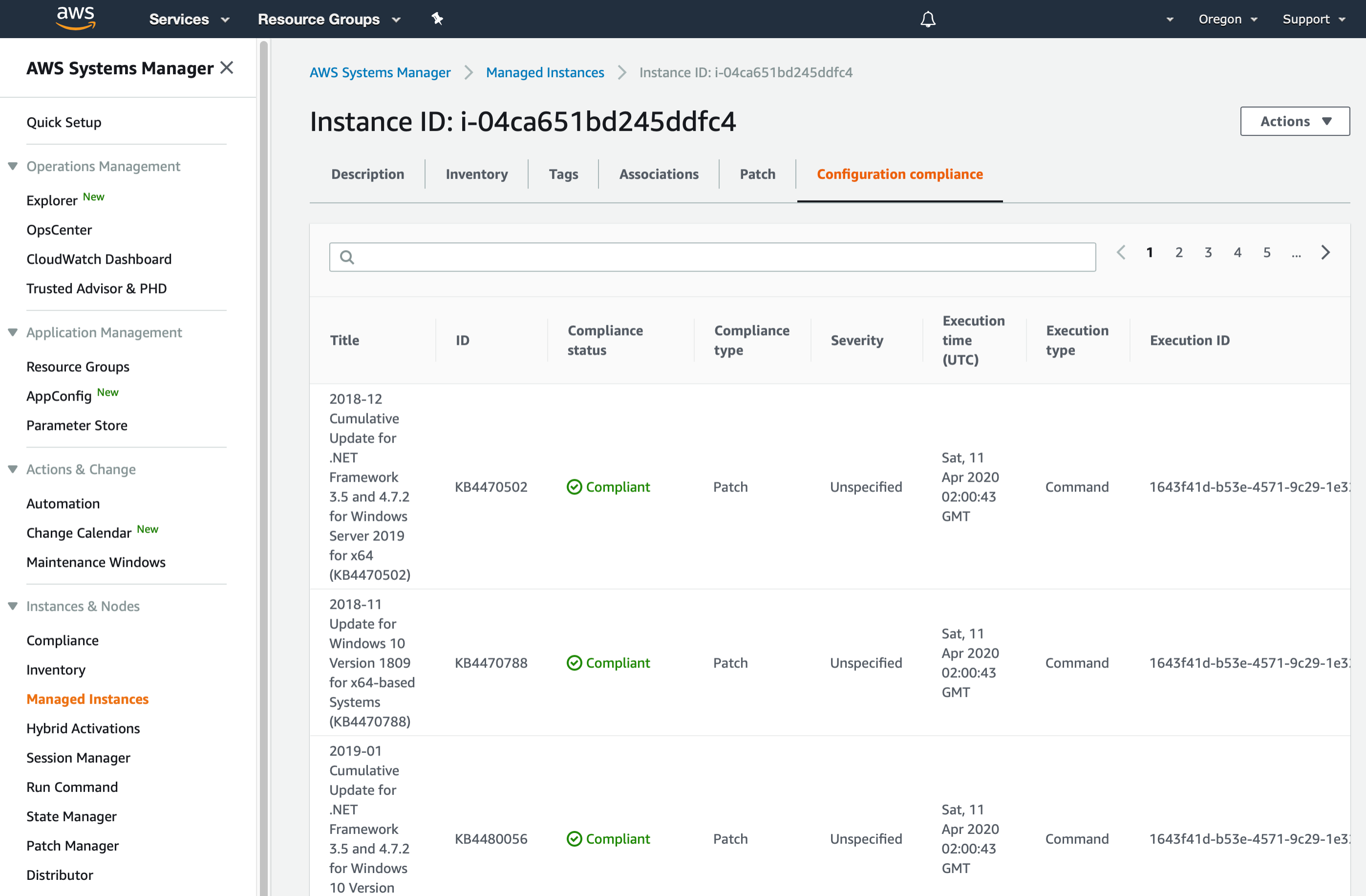 AWS Management Console shows the instance details for our test instance. The Configuration compliance tab is selected and showing a list of applicable updates and their compliance status.