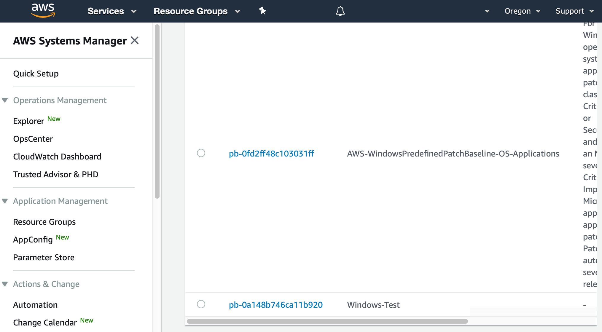 AWS Management Console shows the new patch baseline in the Patch Baselines view of Patch Manager.