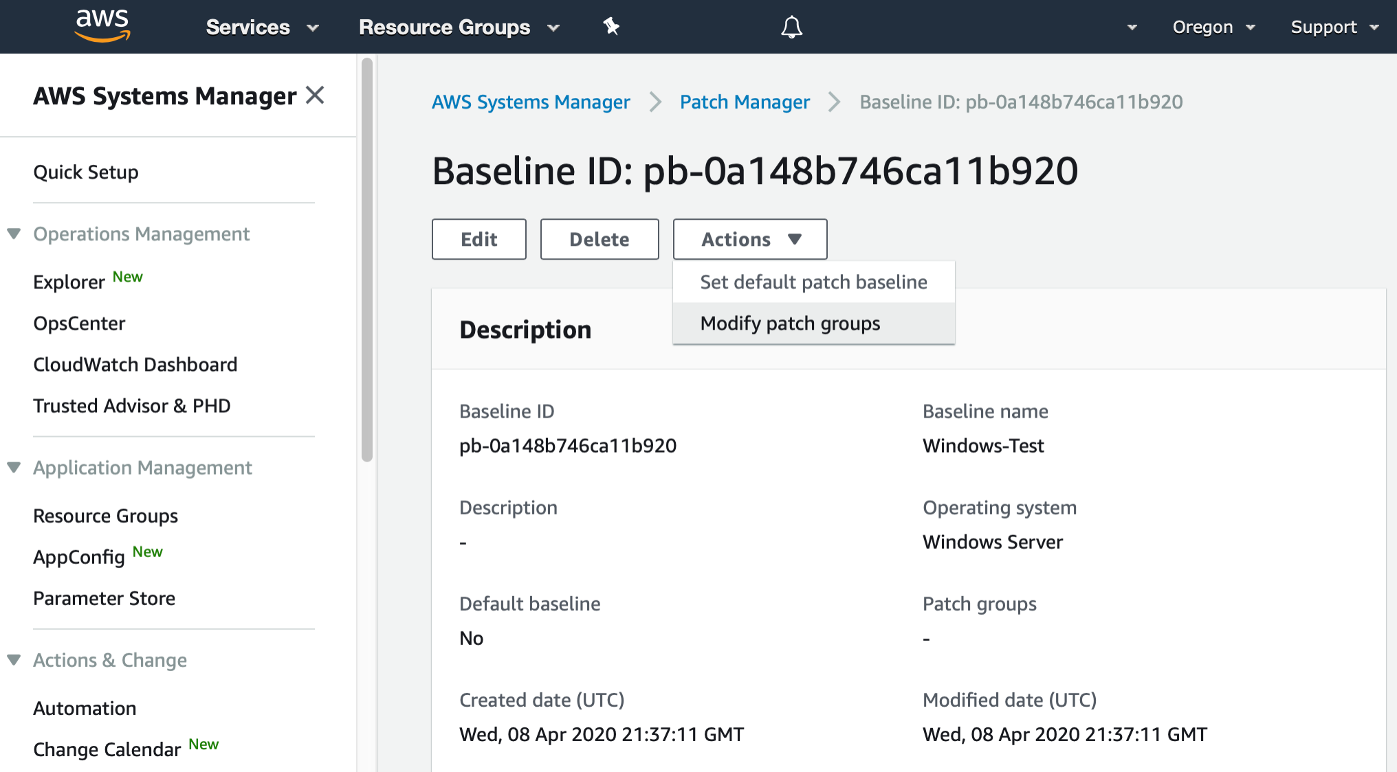 AWS Management Console shows the detailed view of the newly created patch baseline. Modify patch groups is selected from the Actions menu.