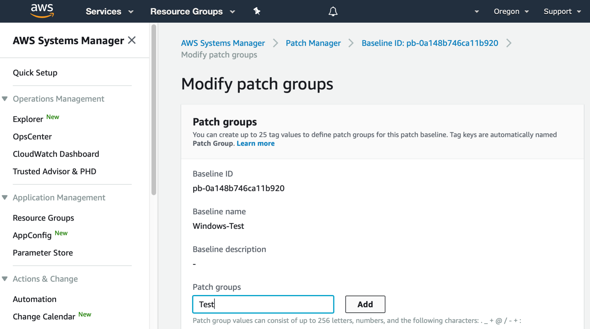 AWS Management Console shows Modify patch groups dialog. In a text box labeled "Patch groups", "Test" has been entered. There is a button to Add.