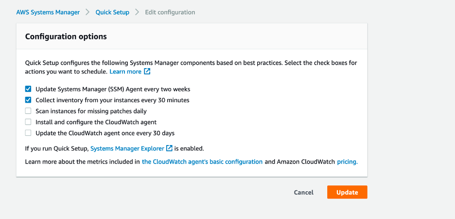 Quick Setup SSM agent update configuration enabled