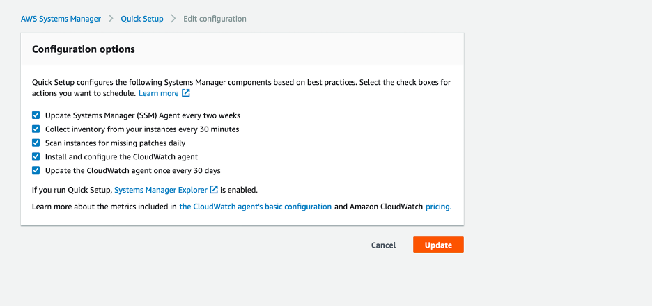 Quick Setup configuration options enabled for Amazon CloudWatch agent