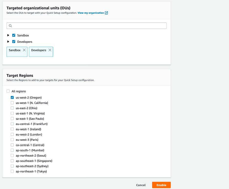 Quick Setup Organization Configuration with OUs and target Regions