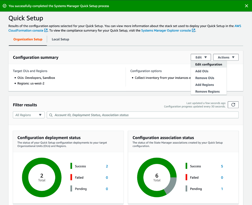 Quick Setup Organization configuration summary with selected OUs and Regions