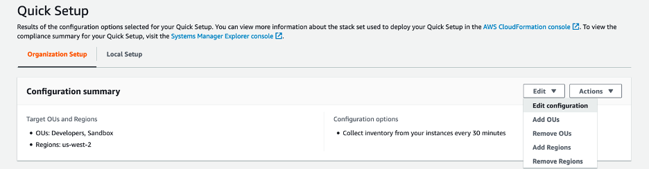 Quick Setup edit configuration to enable SSM agent update feature