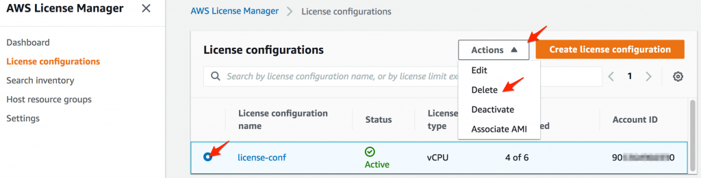 Deleting a AWS License Manager License configuration from the console