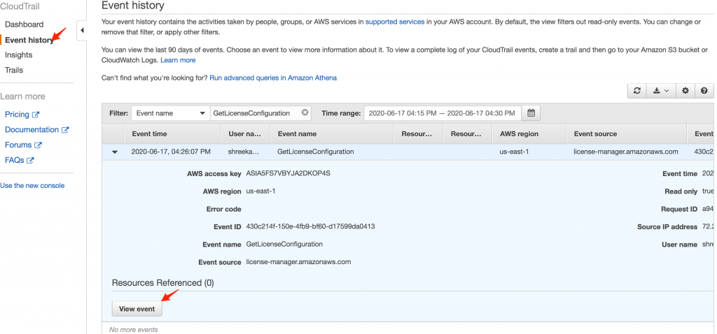 Filtering for GetLicenseConfiguration event in AWS CloudTrail console