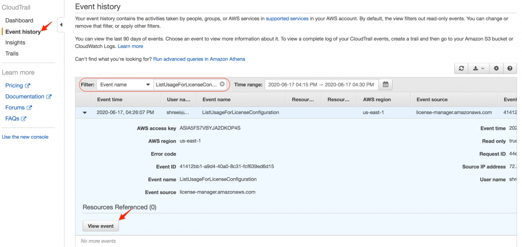 Filtering for ListUsageForLicenseConfiguration event in AWS CloudTrail console