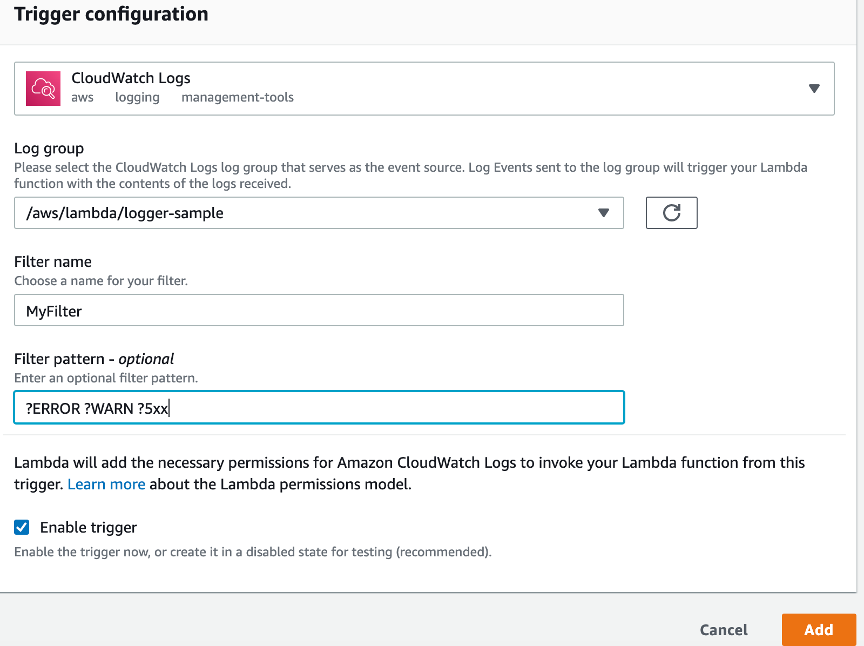 Lambda function trigger configuration screenshot showing with filter pattern- ?ERROR ?WARN ?5xx