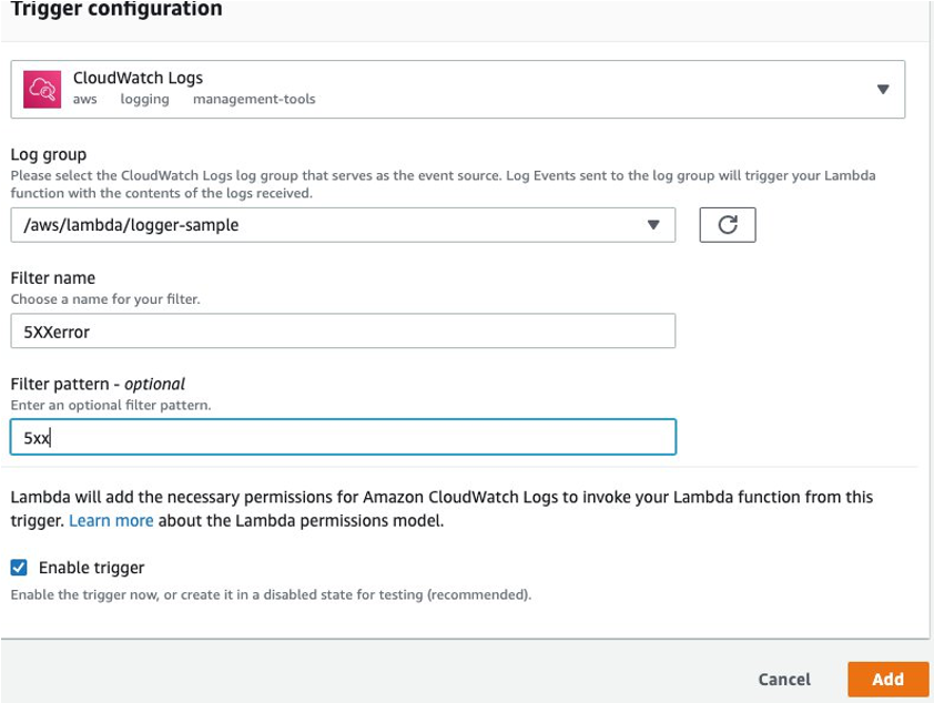 Lambda function trigger configuration screenshot with error filter pattern set to 5xx